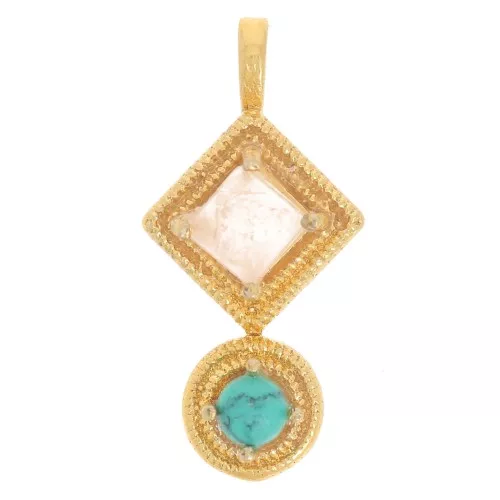 Pendentif ethnique 21x10mm - Doré à l'or fin - Quartz rose - imitation turquoise