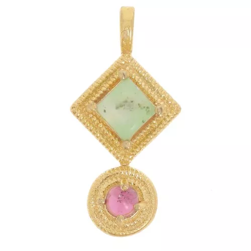 Pendentif ethnique 21x10 mm - Doré à l'or fin - Chrysoprase - grenat x1