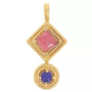 Pendentif ethnique 21x10 mm - Doré à l'or fin - Grenat - lapis lazuli x1