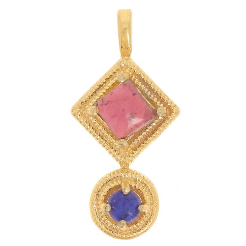 Pendentif ethnique 21x10 mm - Doré à l'or fin - Grenat - lapis lazuli x1