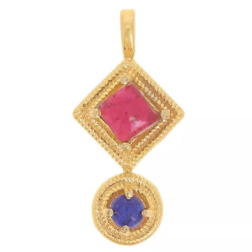 Pendentif ethnique 21x10 mm - Doré à l'or fin - Grenat - lapis lazuli x1