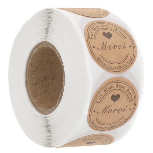 Rouleau d'étiquettes autocollantes 25 mm - Merci - Marron x500