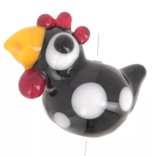 Perle artisanale en verre poule 18x21 mm - Noir - Blanc x1
