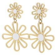 Boucles d'oreilles pendantes fleur - 34x22 mm Acier inox 304L Doré - Blanc x2|raw }}