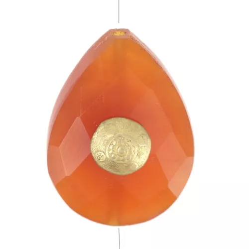 Perle goutte motif ethnique 17x13 mm pierre gemme teintée Cornaline Doré or fin x1