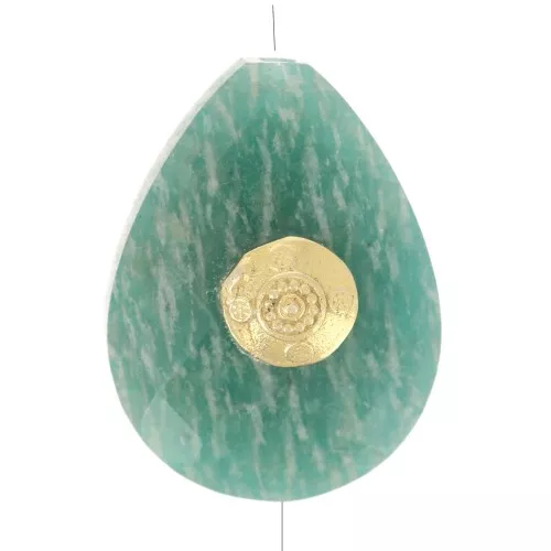Perle goutte motif ethnique 17x13 mm pierre gemme Amazonite - Doré or fin x1