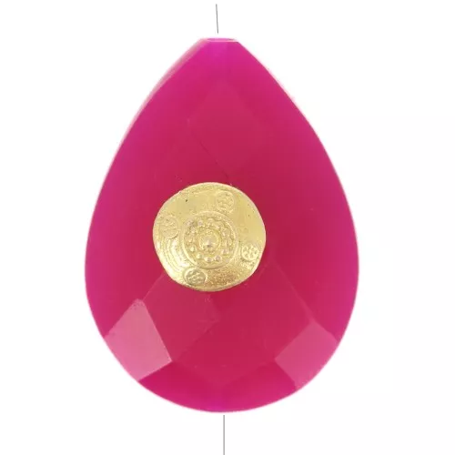 Perle goutte motif ethnique 17x13mm pierre gemme teintée Calcedoine Rose Doré x1