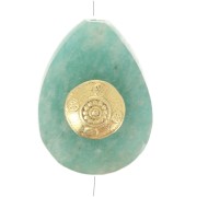 Perle goutte motif ethnique 14x10 mm pierre gemme - Amazonite - Doré or fin x1|raw }}