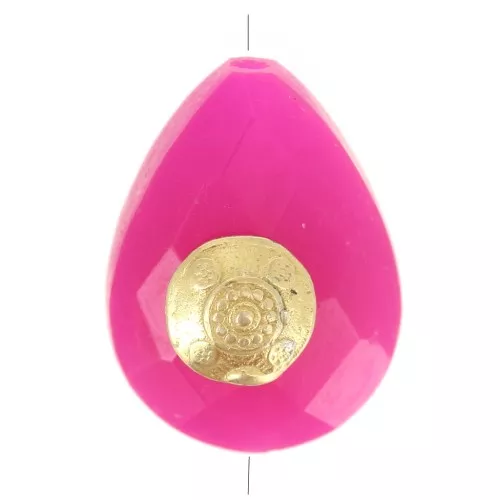 Perle goutte motif ethnique 14x10 mm pierre gemme teintée Calcedoine Rose Doré x1