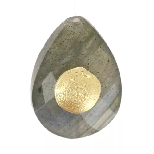 Perle goutte motif ethnique 14x10 mm pierre gemme - Labradorite - Doré or fin x1