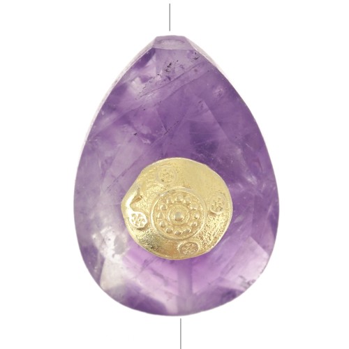 Perle goutte motif ethnique 14x10 mm pierre gemme - Amethyste - Doré or fin x1