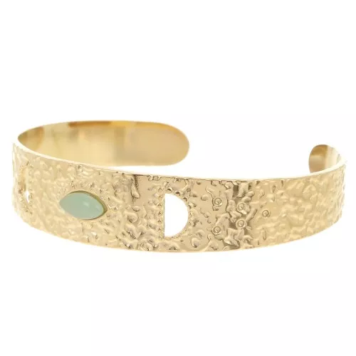 Bracelet jonc martelé réglable 15x170mm cabochon Amazonite -Acier inox 304L Doré