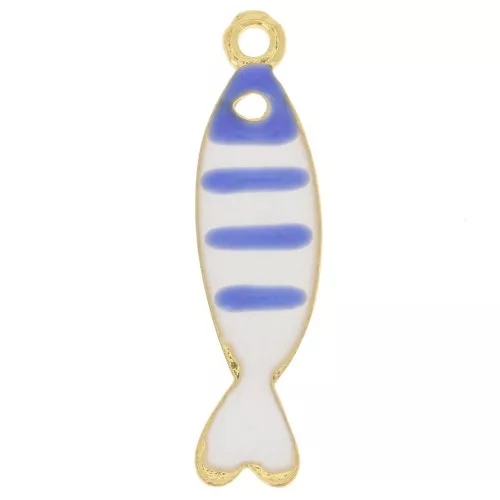 Breloque poisson rayé 26.5x7 mm avec résine époxy - Doré - Bleu - Blanc x1