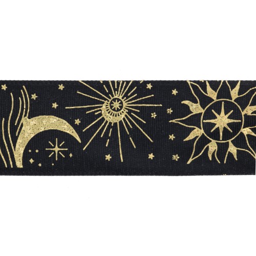 Ruban en polyester 25 mm - motif astral - Noir - Doré x1m