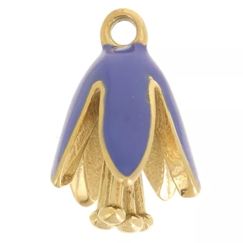 Breloque fleur 12x8 mm en résine époxy - Acier inoxydable 304L Doré - Bleu roi