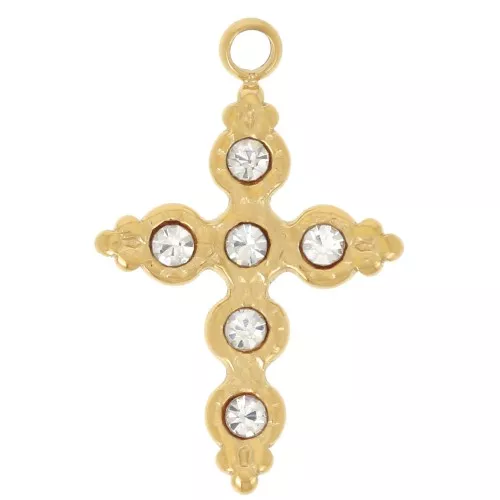 Breloque croix 18x12 mm avec strass - Acier inoxydable 304L Doré x1
