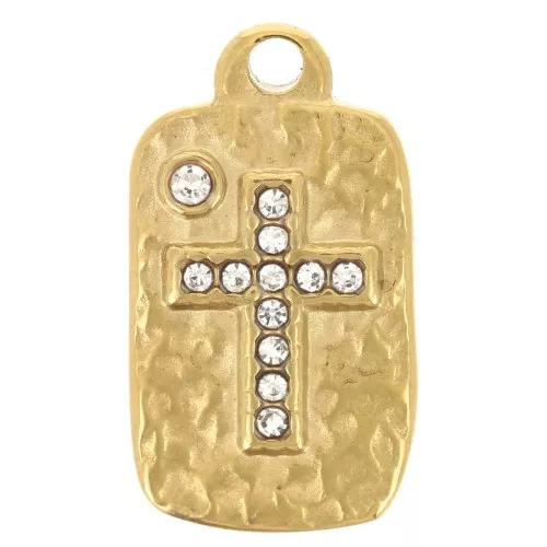 Breloque rectangle martelée 17x9 mm motif croix - Acier inoxydable 304L Doré x1