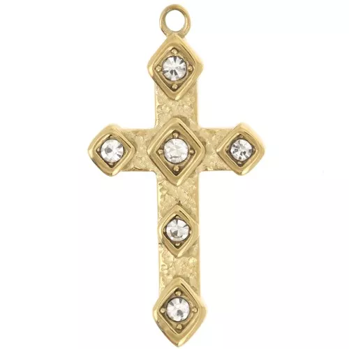 Pendentif croix 33x17 mm avec strass - Acier inoxydable 304L Doré x1
