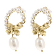 Boucles d'oreilles cercle noeud 35x20 mm perle d'eau douce Acier inox 304L Doré x2