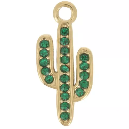Breloque cactus 17x7.5 mm avec strass - Acier inoxydable 304L Doré - Vert x1