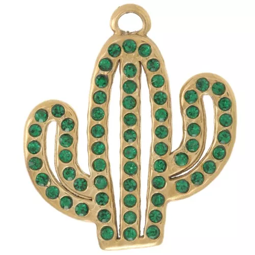 Pendentif cactus 21x18.5 mm avec strass - Acier inoxydable 304L Doré - Vert x1