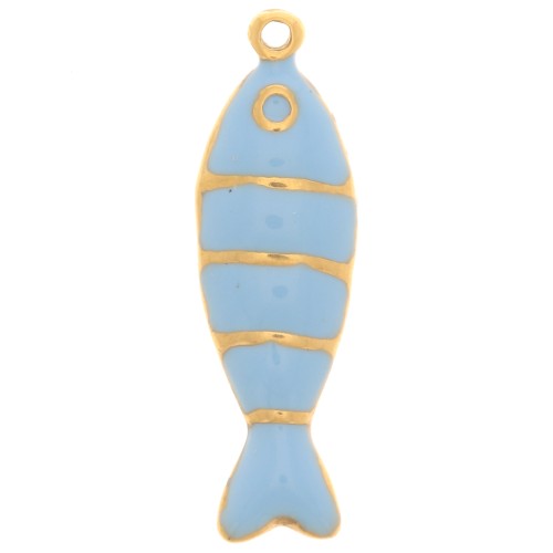 Pendentif poisson 22x6.5 mm avec résine époxy - Acier inox 304L Doré Bleu clair x1