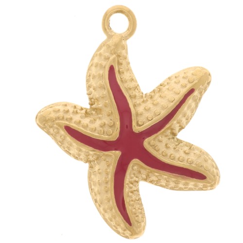 Pendentif étoile de mer 22x19 mm résine époxy - Acier inox 304L Doré - Rouge x1