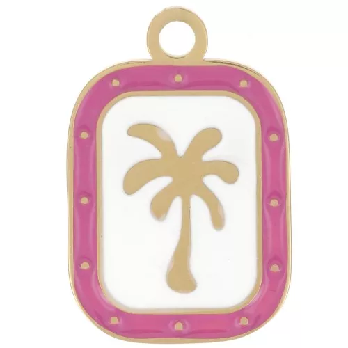 Breloque rectangle palmier 20x13 mm - Acier inox 304L Doré - Blanc - Fuchsia x1