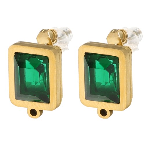 Clous d'oreilles rectangle 13x9 mm cabochon verre - Acier inox Doré 304L - Vert x2