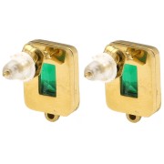 Clous d'oreilles rectangle 13x9 mm cabochon verre - Acier inox Doré 304L - Vert x2