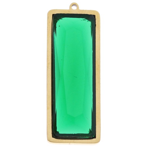 Pendentifs rectangle 35x13 mm avec cabochon verre - Acier inox Doré 304L - Vert x2