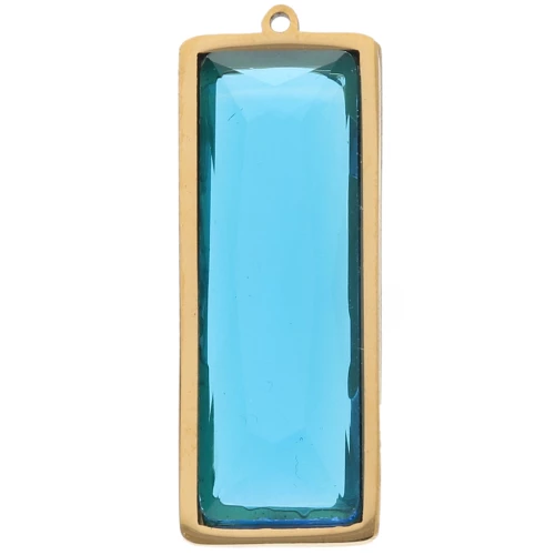 Pendentifs rectangle 35x13 mm avec cabochon verre - Acier inox Doré 304L - Bleu x2