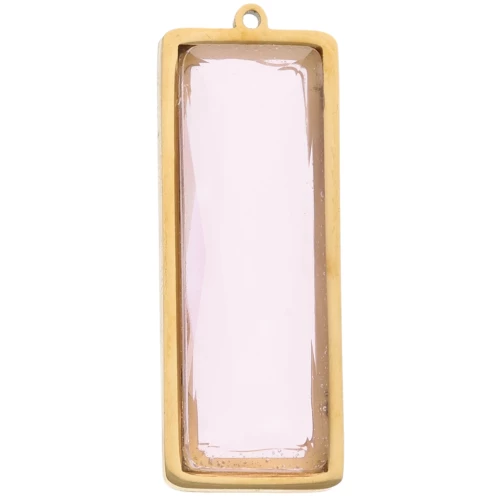 Pendentifs rectangle 35x13 mm avec cabochon verre - Acier inox Doré 304L - Rose x2