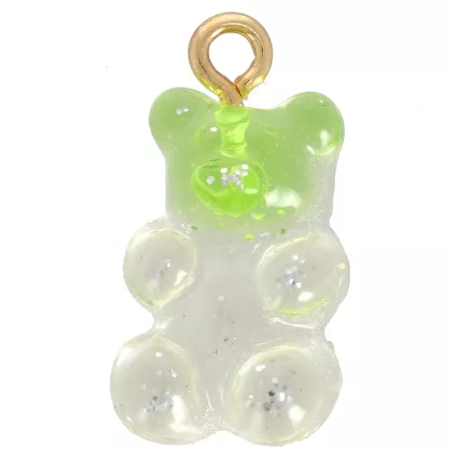 Breloque bicolore ourson 20x11mm en acrylique - Pailleté Vert - Transparent
