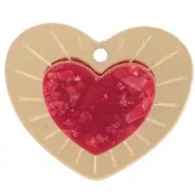 Pendentif coeur en relief 25x29 mm en plexiglas - Doré - Rouge pailleté x1