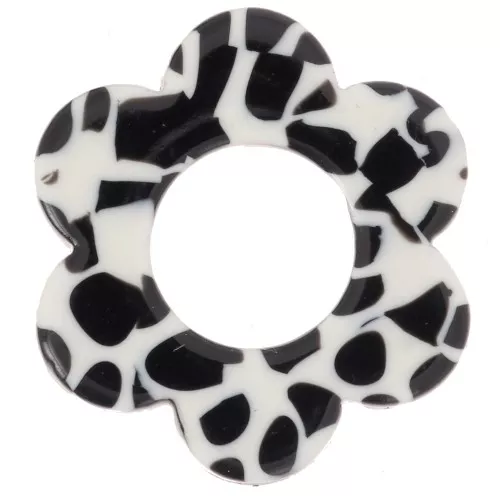 Pendentif fleur 18 mm en acétate - Tacheté Noir - Blanc x1