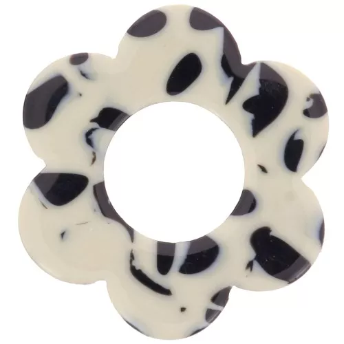 Pendentif fleur 18 mm en acétate - Tacheté Noir - Crème x1