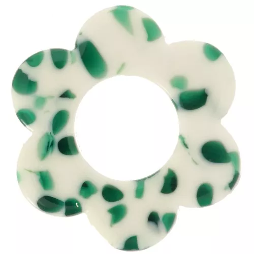 Pendentif fleur 18 mm en acétate - Tacheté Vert foncé - Blanc x1