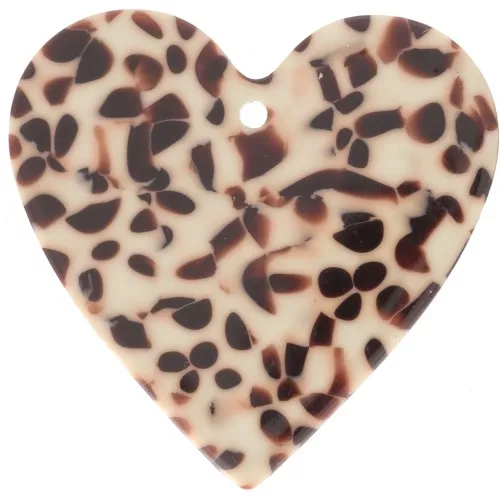 Pendentif coeur 31x32 mm en acetate - Tacheté Marron - Crème x1