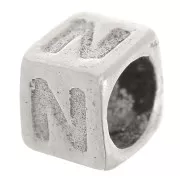 Perle lettre alphabet cube 5x4 mm avec gros trou - N - Argent 925 x1