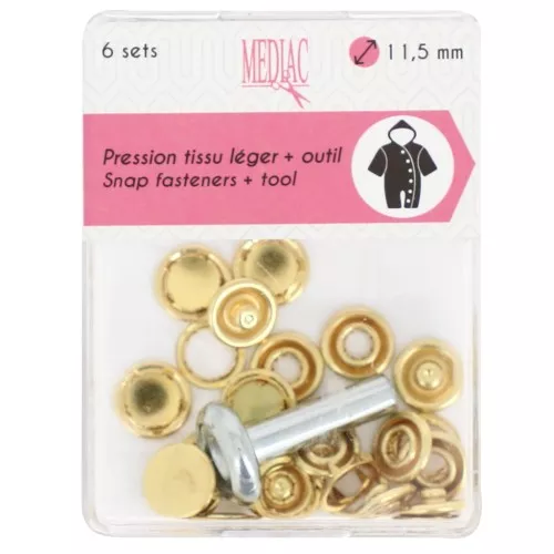 Boutons pressions et outil de pose 11.5 mm - Doré x6