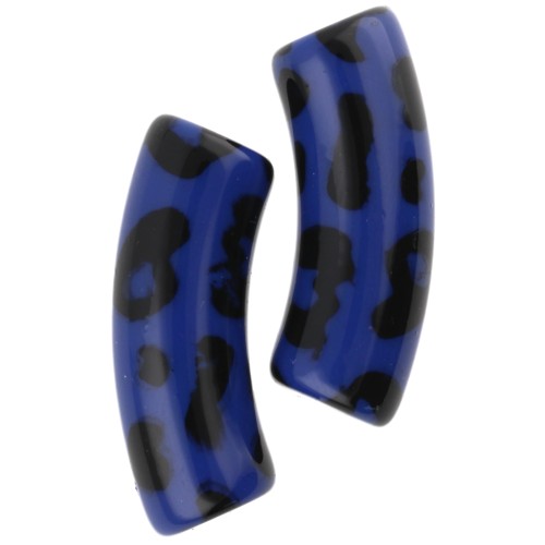 Perles tubes incurvés 35x11 mm acrylique opaque - Motif léopard - Bleu - Noir x4