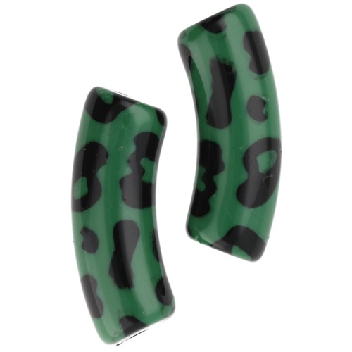 Perles tubes incurvés 35x11 mm acrylique opaque - Motif léopard - Vert - Noir x4