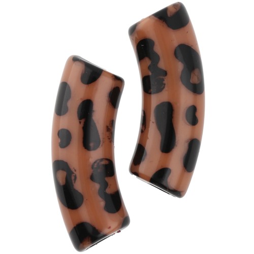 Perles tubes incurvés 35x11 mm acrylique opaque - Motif léopard - Marron - Noir x4