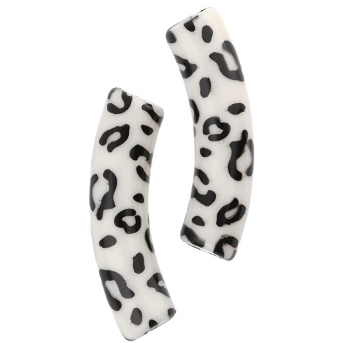 Perles tubes incurvés 32x8mm acrylique opaque - Motif guépard - Ecru - Noir x4