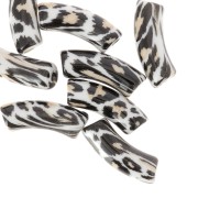 Perles tubes incurvés 35x11 mm acrylique opaque - Motif léopard - Noir - Beige x4