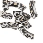 Perles tubes incurvés 35x11 mm acrylique opaque - Motif léopard - Noir - Beige x4