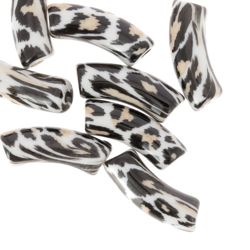 Perles tubes incurvés 35x11 mm acrylique opaque - Motif léopard - Noir - Beige x4