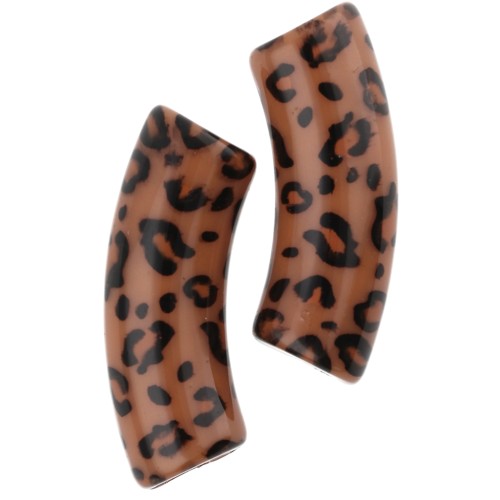 Perles tubes incurvés acrylique opaque 35x11 mm Motif guépard - Marron - Noir x4