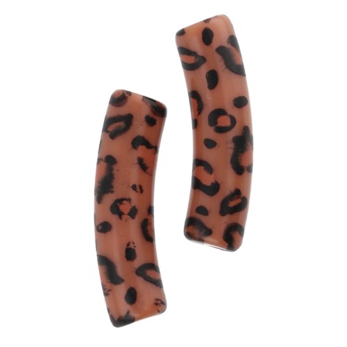 Perles tube incurvé 19x5 mm en acrylique opaque - Motif guépard - Marron - Noir x4